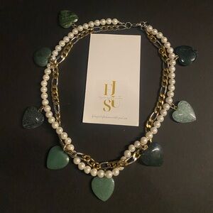 Handmade Jade Hearts and Authentic Pearl Necklace
